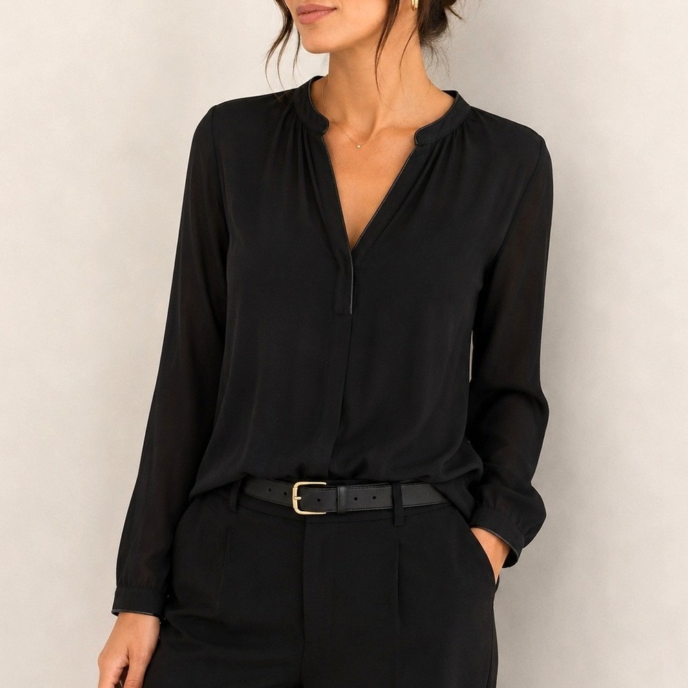 Philosophy Black Sheer Faux Leather Trim Blouse Large Minimalist Office Siren